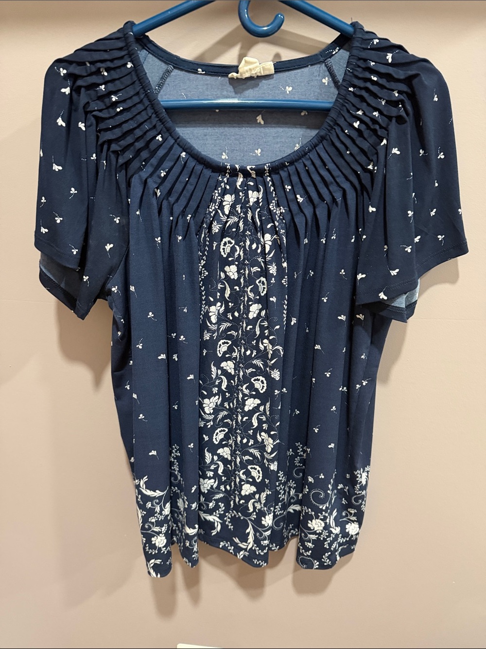 Style  & Co Women's Navy Blue Floral Pleated Scoop Neck Top 1X
